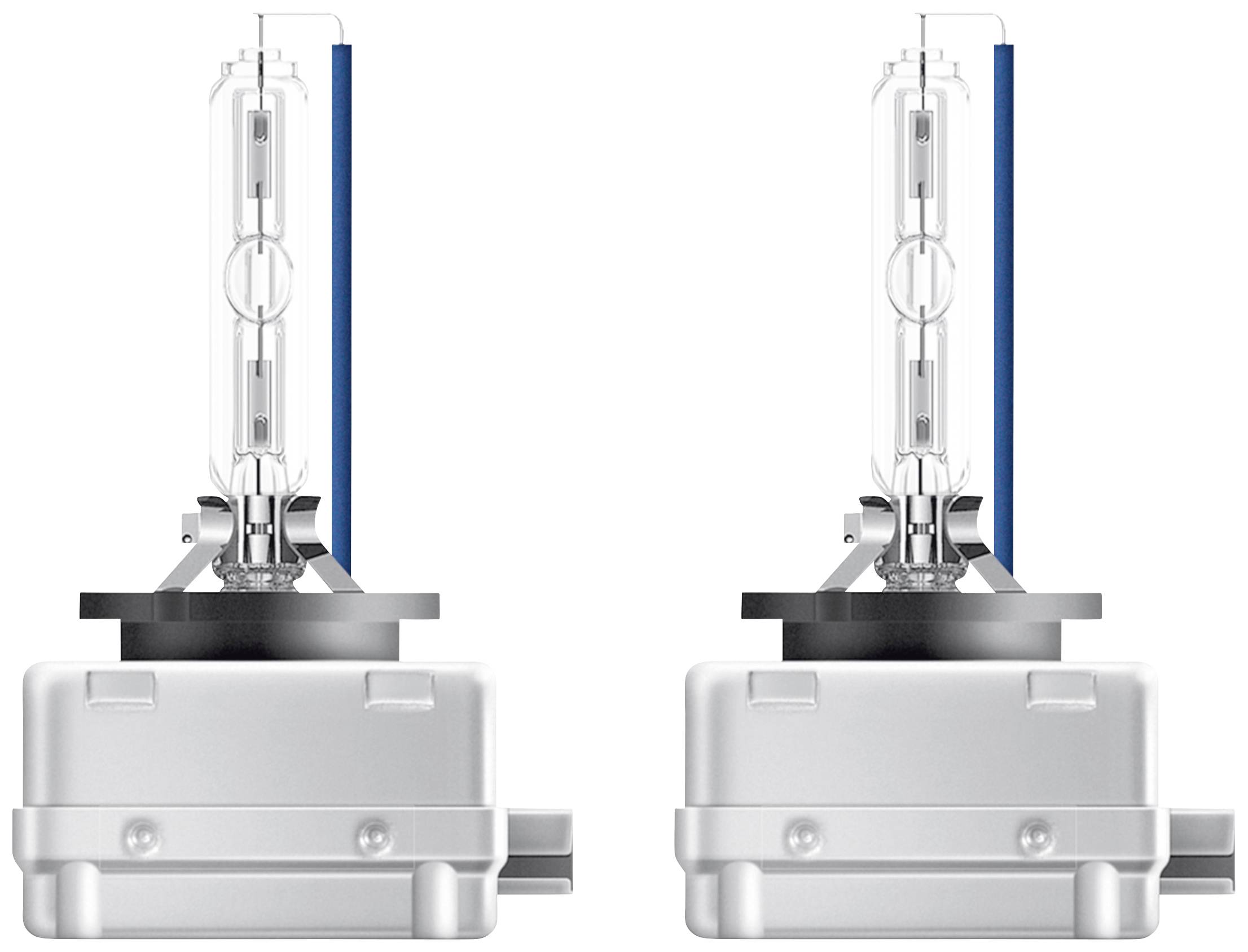Two identical xenon lamps in a white housing. They have transparent cylindrical glass components flanked by blue stripes.