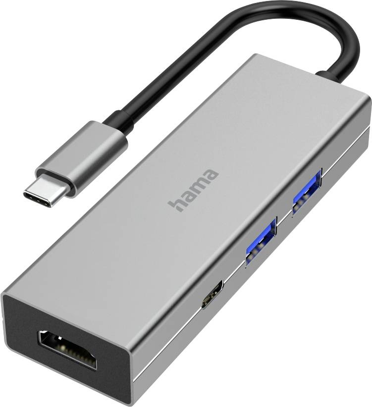 A Hama USB-C adapter with HDMI output and two USB 3.0 ports, suitable for connecting devices with different interfaces.