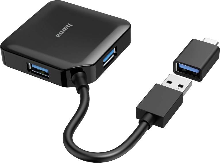 A black USB hub with three USB ports and a short cable that leads to a USB plug.