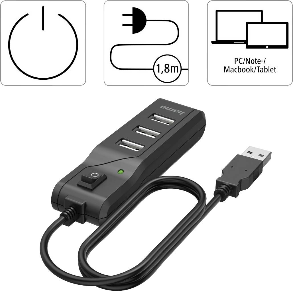 USB Hub with three ports and on/off switch, suitable for PC, laptop, MacBook or tablet. Includes power cable with 1.8m length.