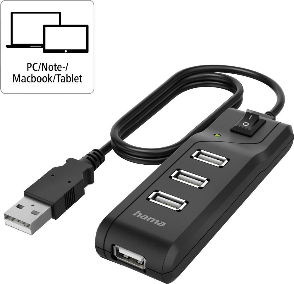 USB Hub with four ports and power switch; suitable for PC, laptop or tablet; small icon with devices in the background.