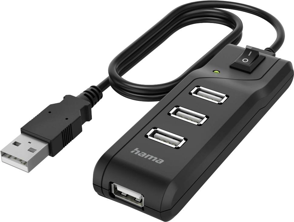 USB hub with three USB ports and one cable. Contains an on/off switch and a green indicator light.