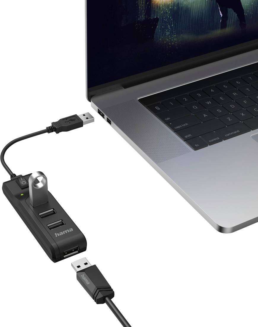 Laptop with an attached USB hub, showing three USB ports, an SD card slot, and a USB cable connected to the laptop.