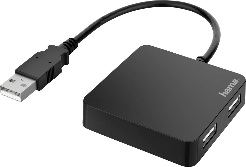 Black Hama USB hub with three ports and a cable with a USB plug. Ideal for expanding USB connections.