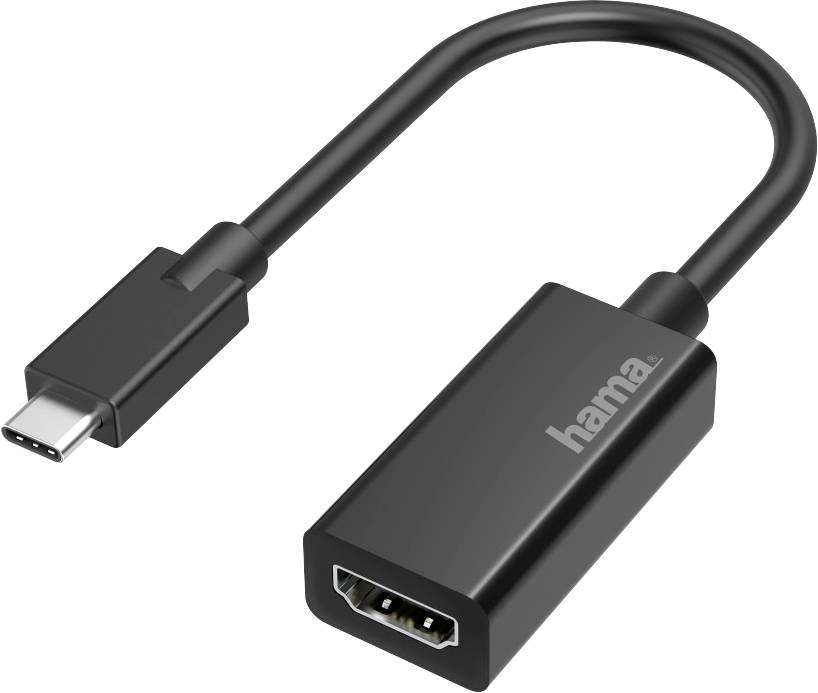Black adapter cable with USB-C plug and HDMI socket, Hama brand.