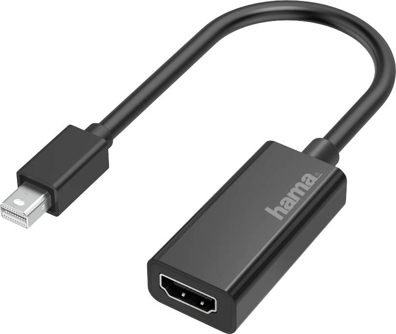Black adapter cable from mini DisplayPort to HDMI, branded 'hama'.