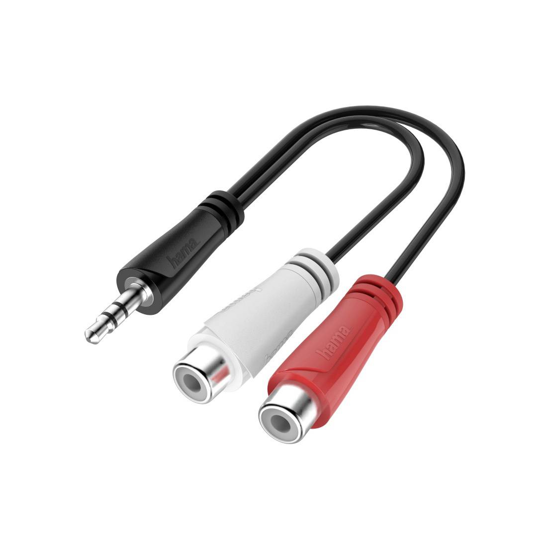 An adapter cable with a black 3.5mm plug on one side and white and red RCA connectors on the other side.