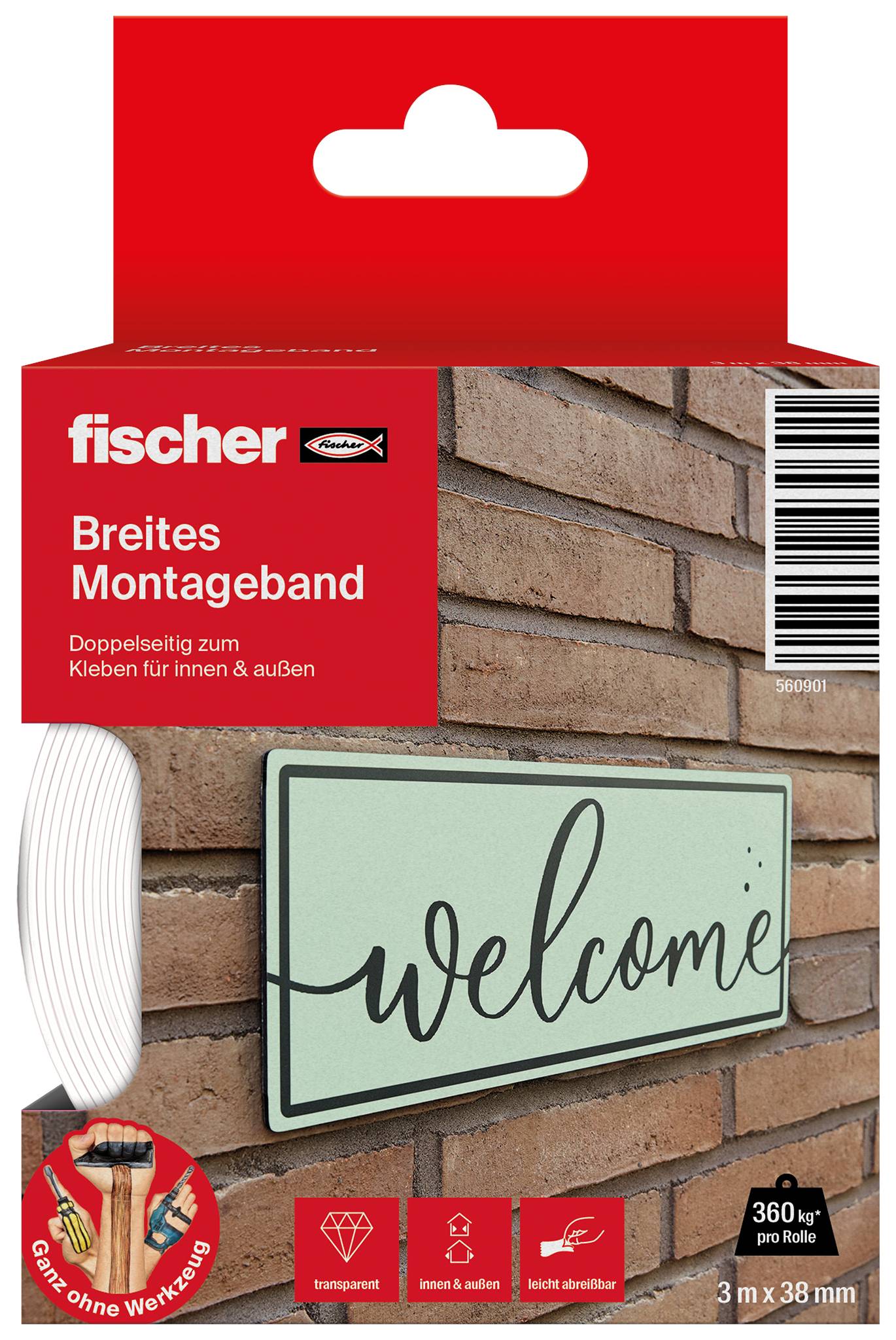 Wide double-sided mounting tape from Fischer. Packaging shows a mounted sign with 'welcome' on a brick wall. Suitable for indoor and outdoor use.