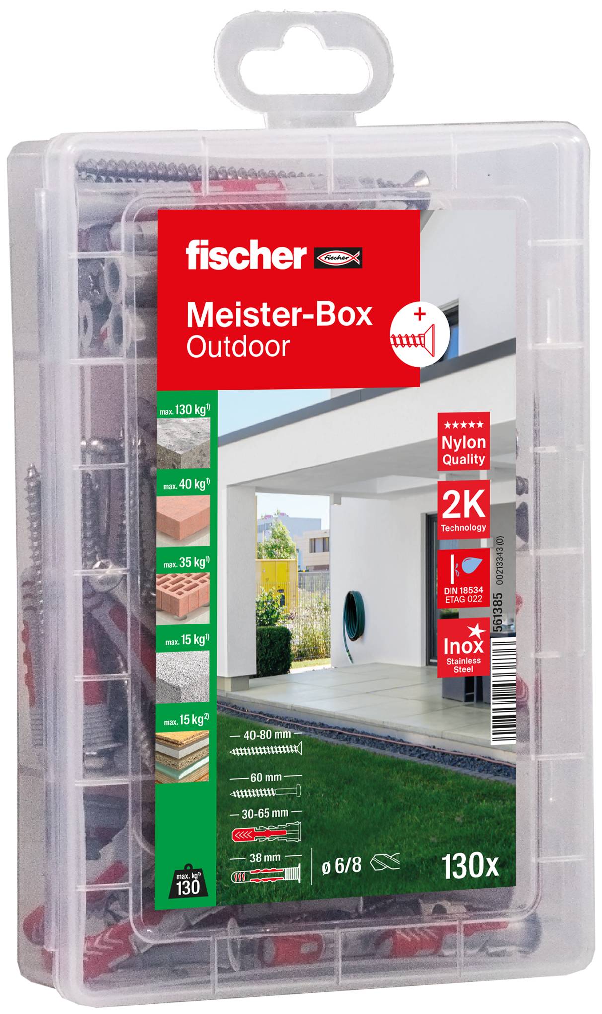 Transparent plastic box 'Fischer Master Box Outdoor' with screws and wall plugs, suitable for various weights and materials.