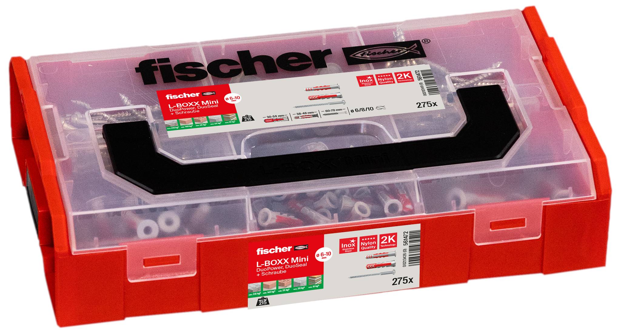 A red Fischer L-Boxx Mini with a transparent lid reveals the contents of 275 plastic wall plugs, visible through the packaging.