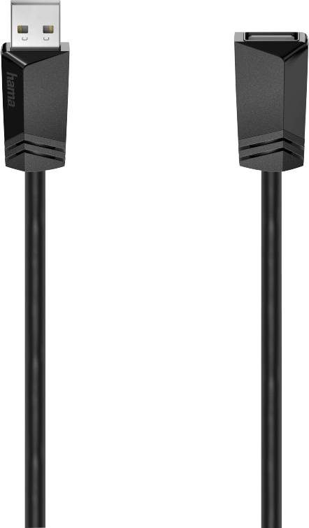 A black Hama USB extension cable with a USB-A plug on the left side and a USB-A socket on the right side.