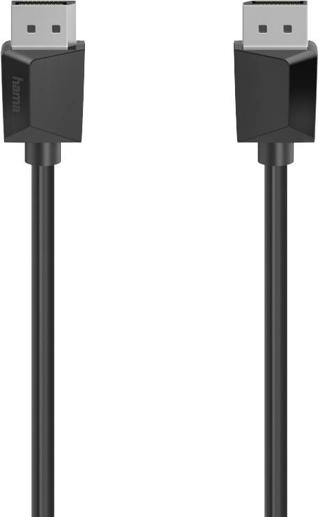 A black DisplayPort cable with two connectors, suitable for high-resolution video and audio transmission.