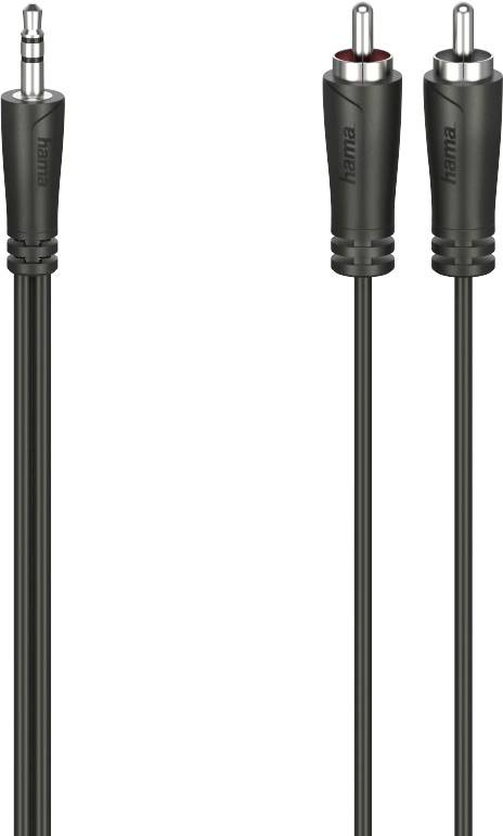 An audio cable with a 3.5 mm jack plug on the left side and two RCA plugs on the right side.