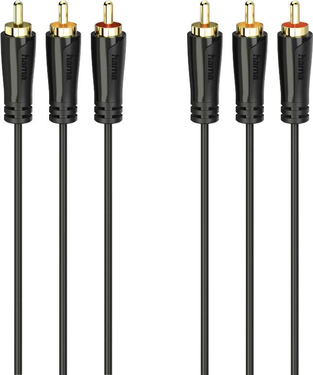 Three black RCA audio cables with red and white plugs, suitable for connecting audio or video components.