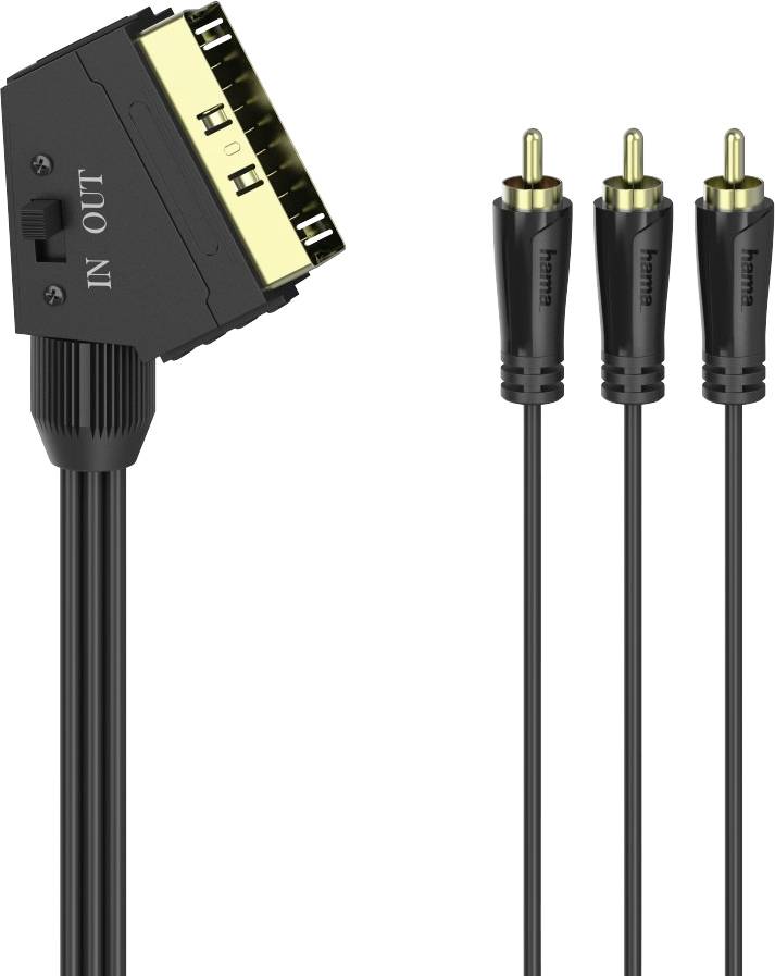 Ein SCART-auf-Cinch-Kabeladapter, der zum Verbinden von Audiovideogeräten genutzt wird. Der Adapter zeigt 'In' und 'Out'.
