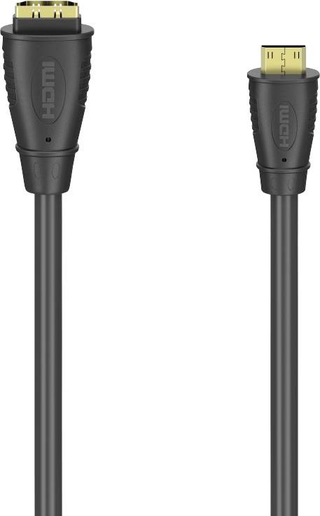 An HDMI cable with a standard and a mini connector, used for digital video and audio transmission.