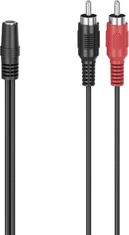 Black and red audio cable with a jack plug and two RCA connectors, suitable for stereo device connection.