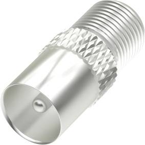 A silver coaxial adapter with a knurled grip and smooth connection, suitable for connecting coaxial cables.