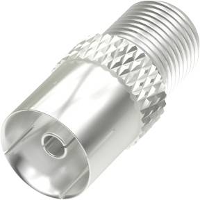 A silver metal adaptor with threading and a knurled surface, suitable for antenna cable connections.
