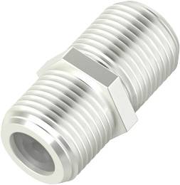 Metal connector with external threads on both sides, typical for plumbing or piping systems.