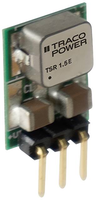Compact voltage regulator from Traco Power, model TSR 1.5E, with three golden connection pins and a square, silver housing.