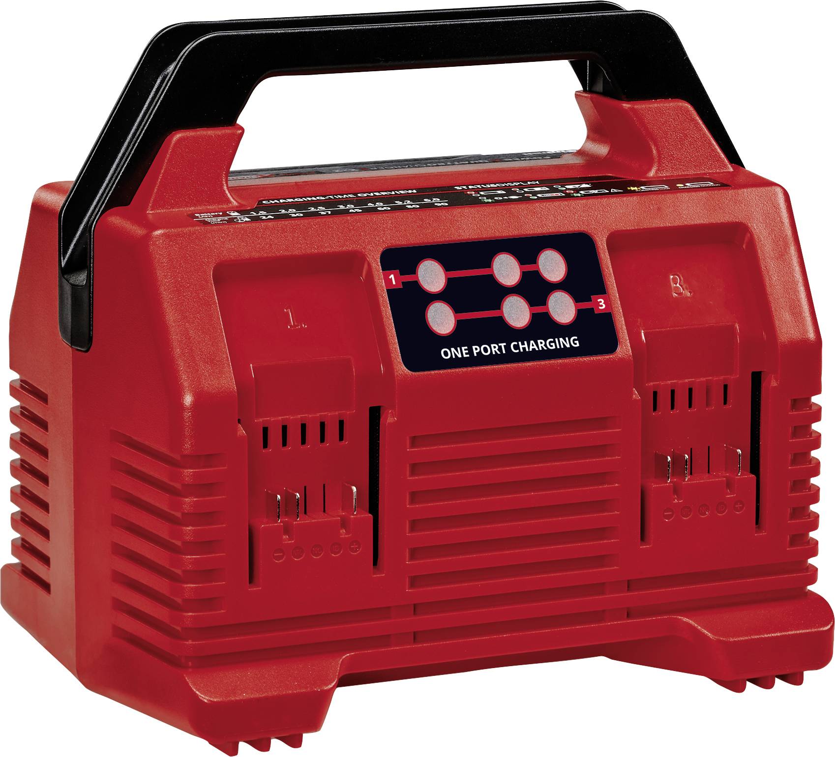 Red, portable charger with two slots and a black handle, showing 'One Port Charging' on the front.