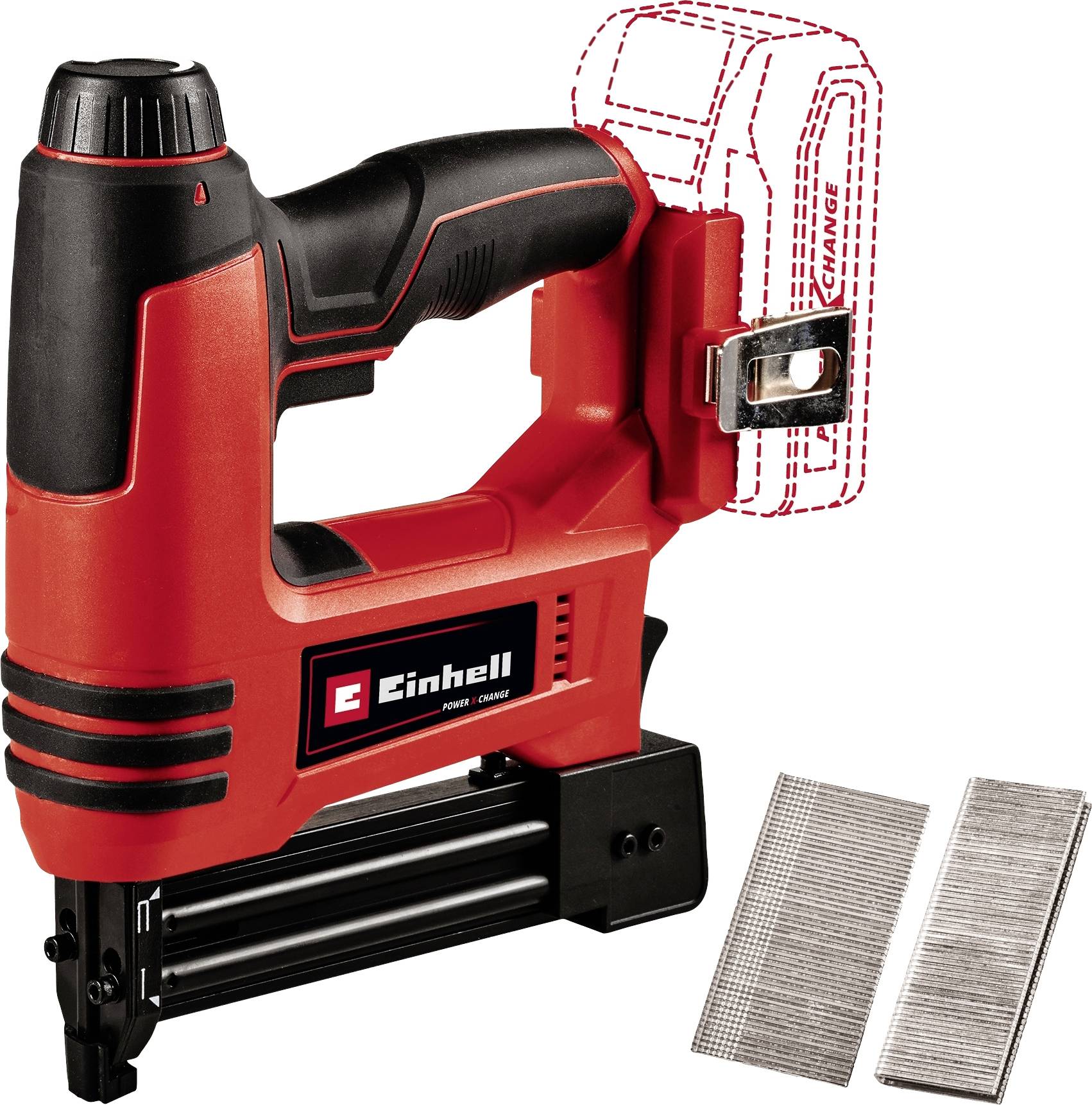A red, cordless nail gun from Einhell with a black handle. Two stacks of nails are positioned beside it. The battery pack is shown with a dashed outline.