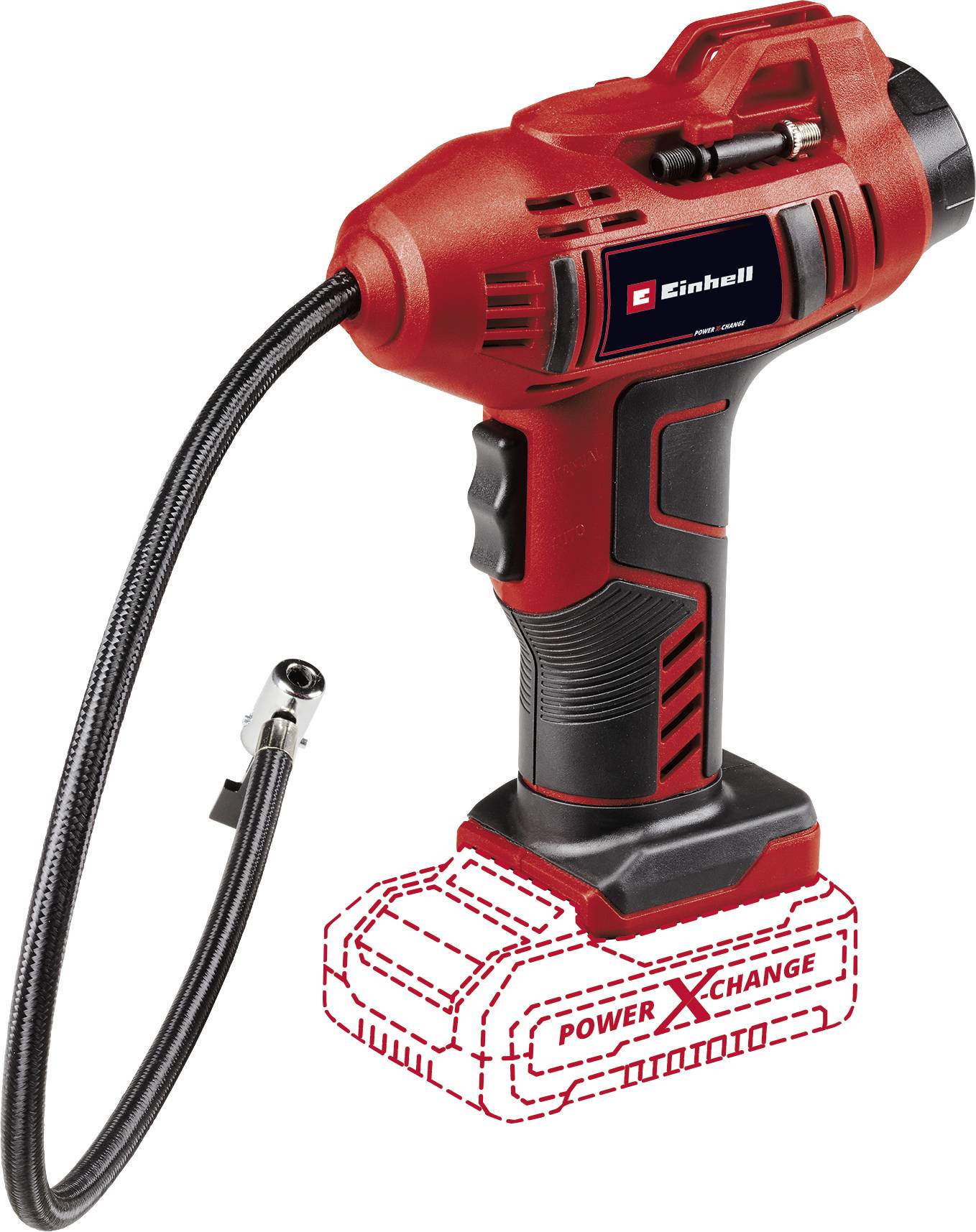 A red electric hand compressor with the Einhell logo, air hose, and nozzle adapter, shown with the battery compartment missing.