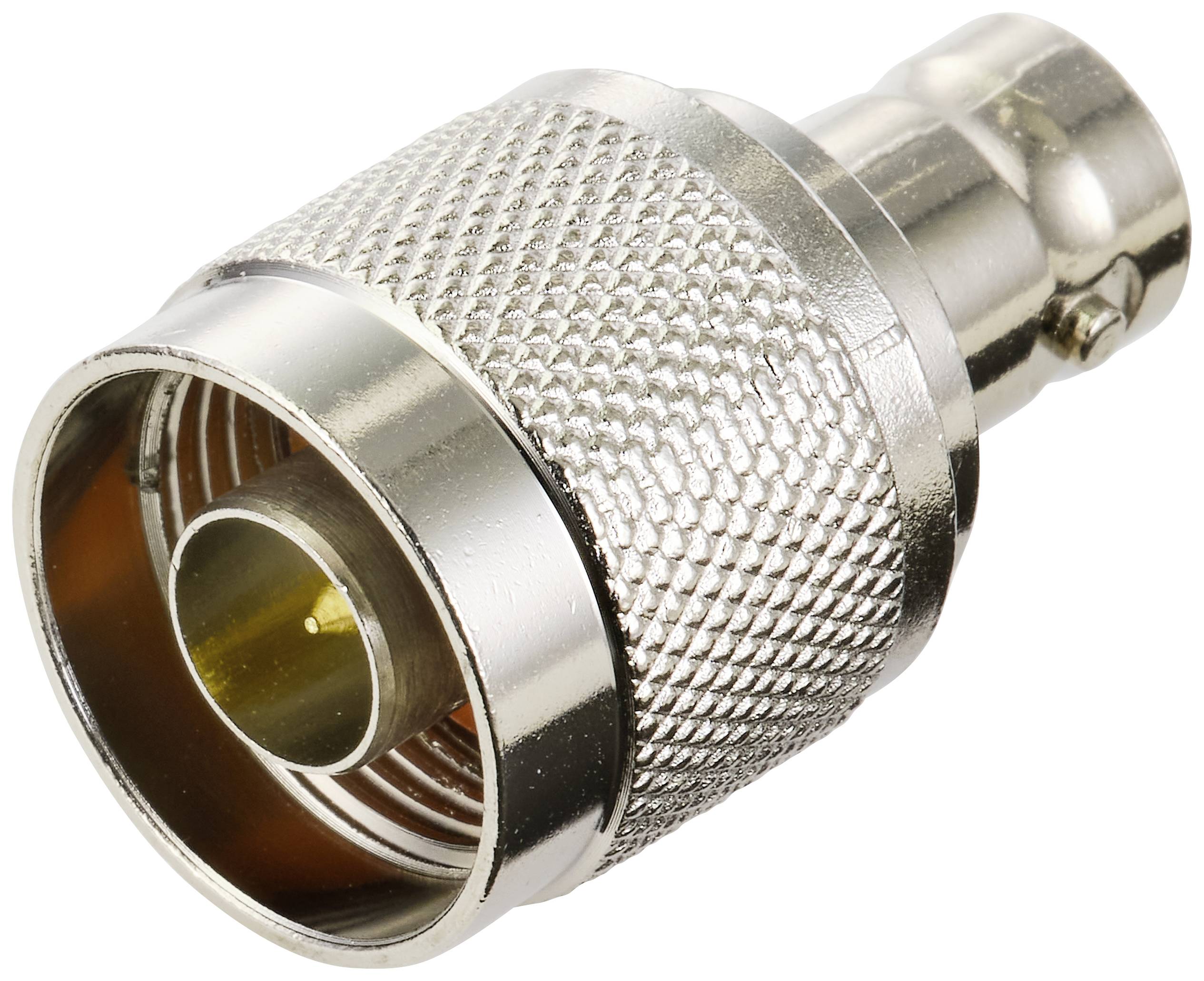 A metallic coaxial plug with knurling, suitable for connecting high-frequency cables in technical applications.