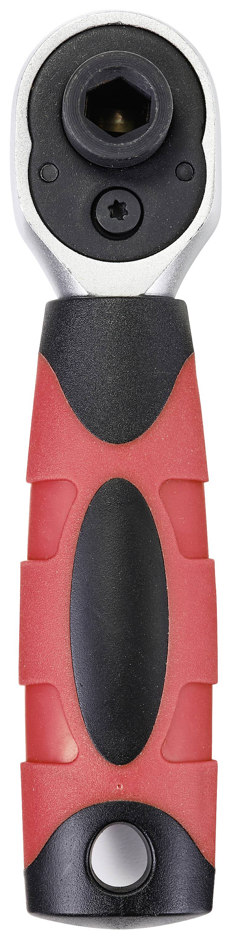 A red and black ratchet tool with an ergonomic handle, used for tightening screws and nuts.