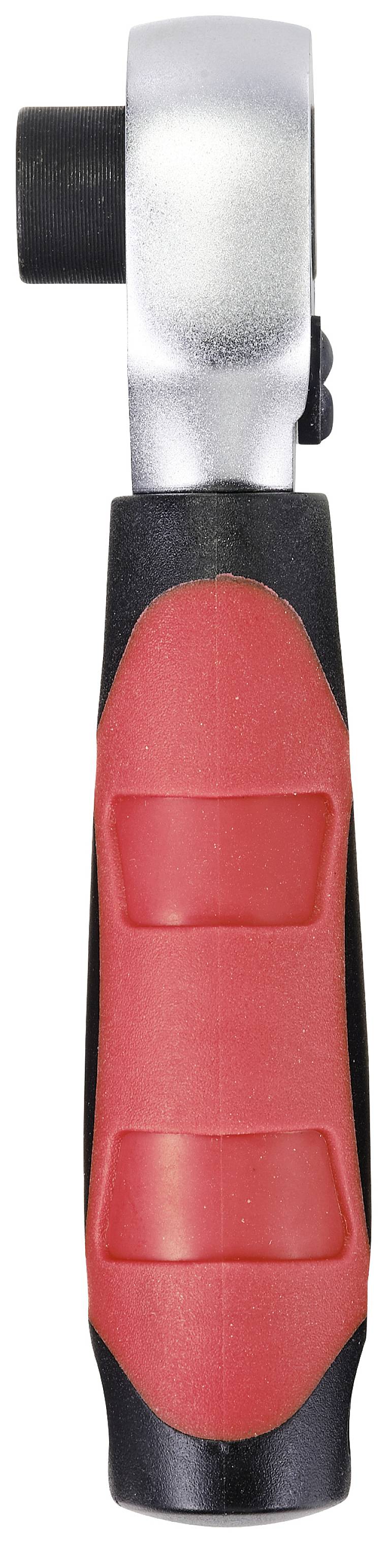 Ratchet spanner with a red handle, positioned vertically. Metal head pointing upwards, providing grip and leverage for screw-related tasks.
