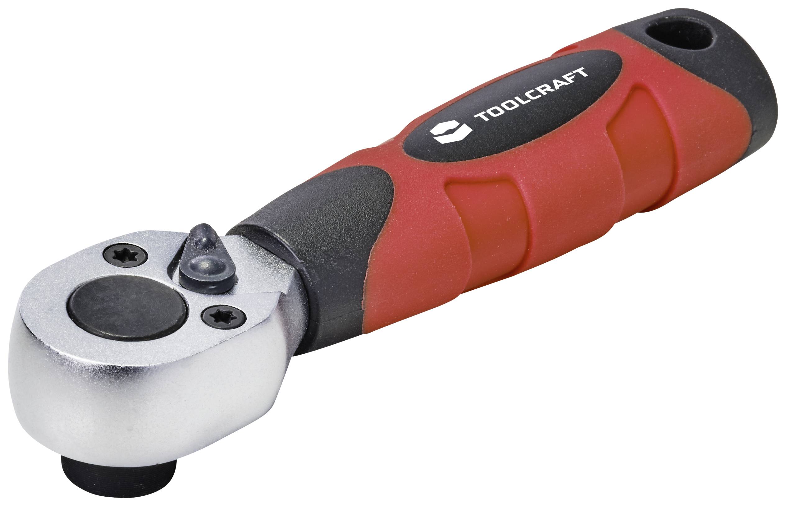 Ratchet with red handle and metal head. Tool logo visible on top of the handle.