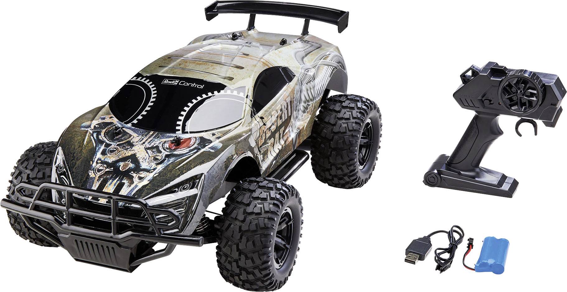 Remote-controlled car with aggressive design and large tyres, alongside a remote control and a battery charger.