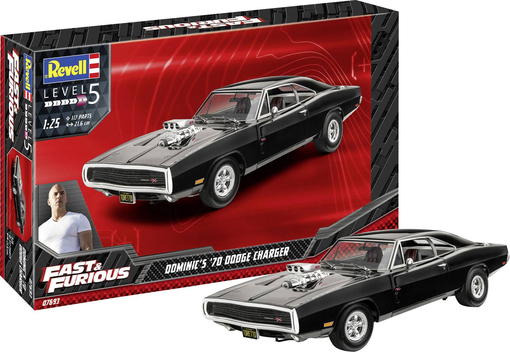 Model Kit 'Fast & Furious' Dominic's '70 Dodge Charger by Revell. Model car at 1:25 scale with 122 parts, Level 5 difficulty.