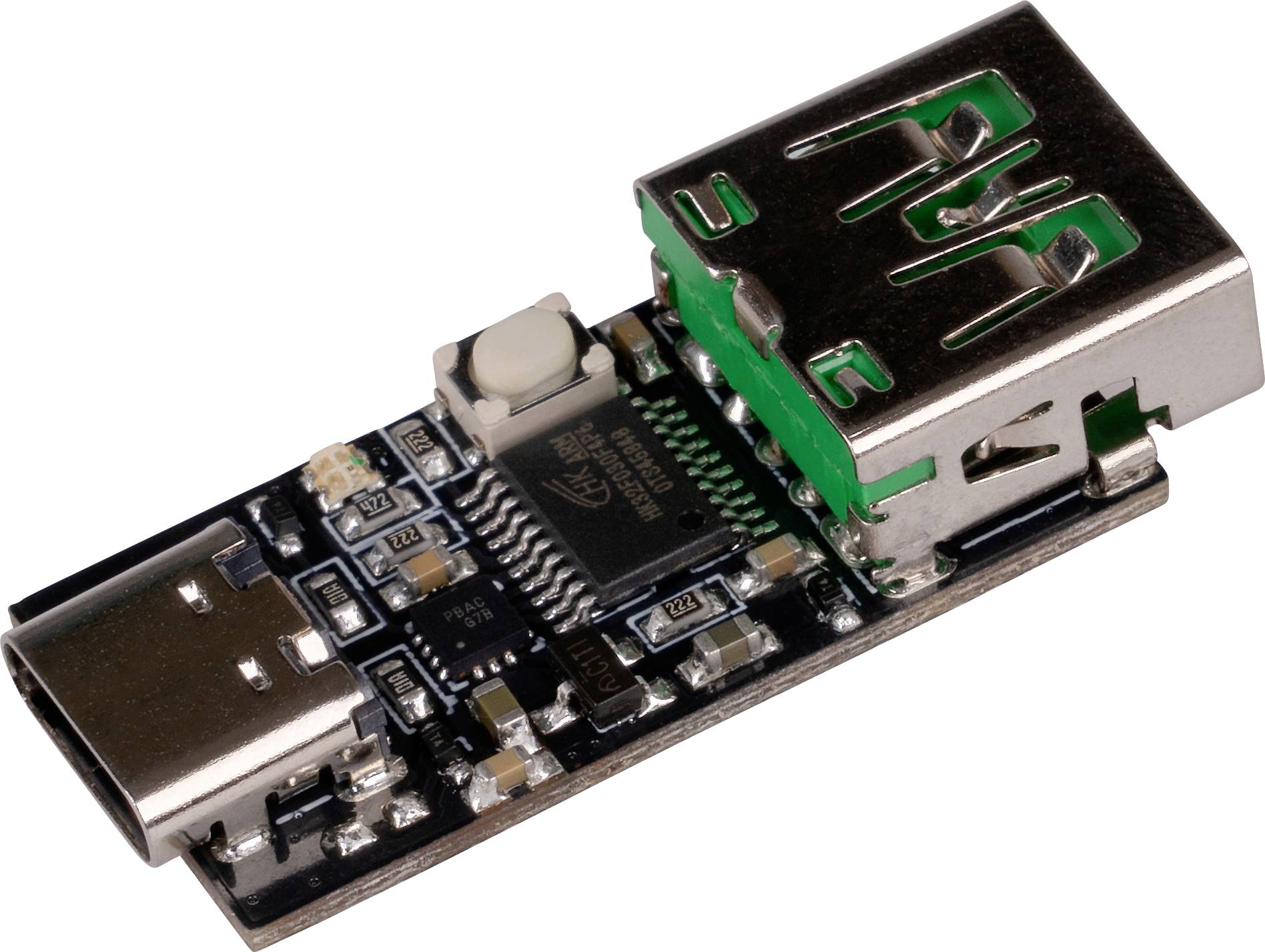 'USB-C to USB-A adaptor circuit board' shows technical details of a circuit with connectors for linking older and newer USB devices.
