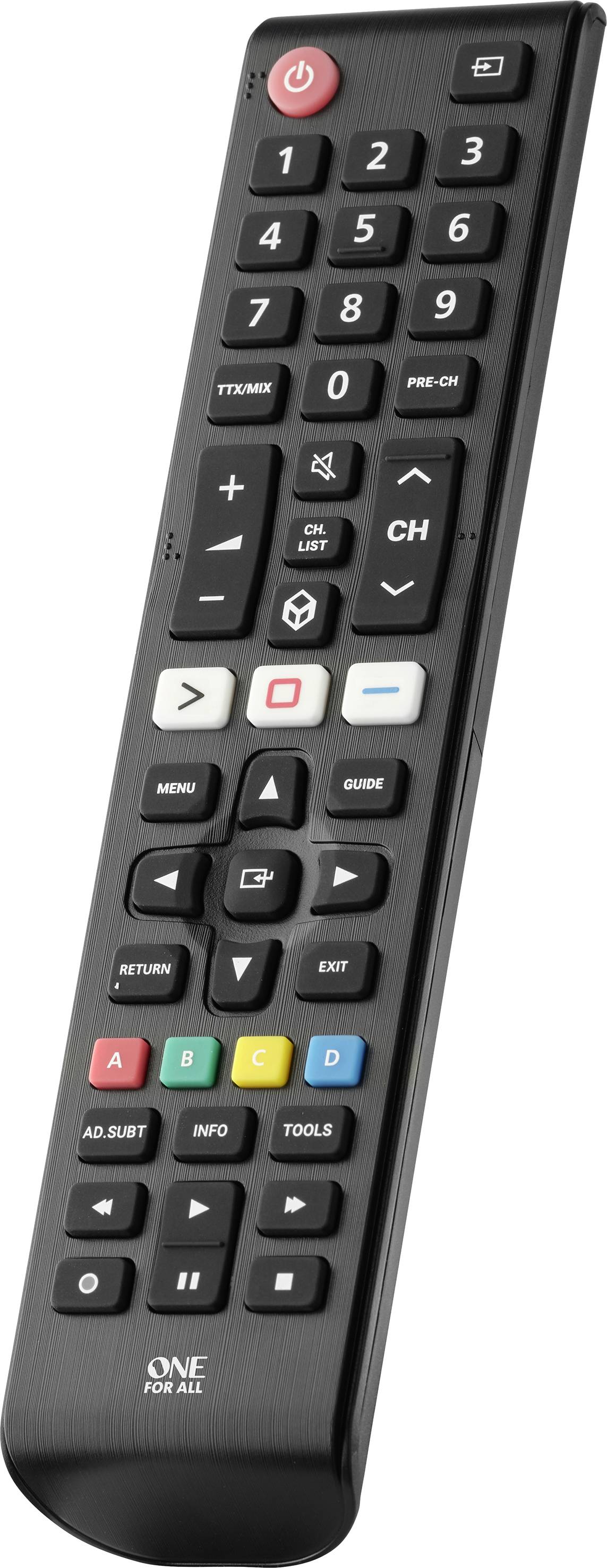 A black remote control with buttons for power, volume, channels, menu, and coloured function keys.
