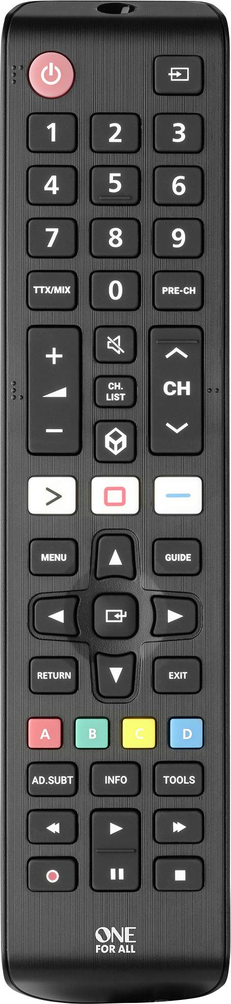 A black universal remote control with buttons for numbers, volume, channels, and colourful function buttons. At the top is the power switch.