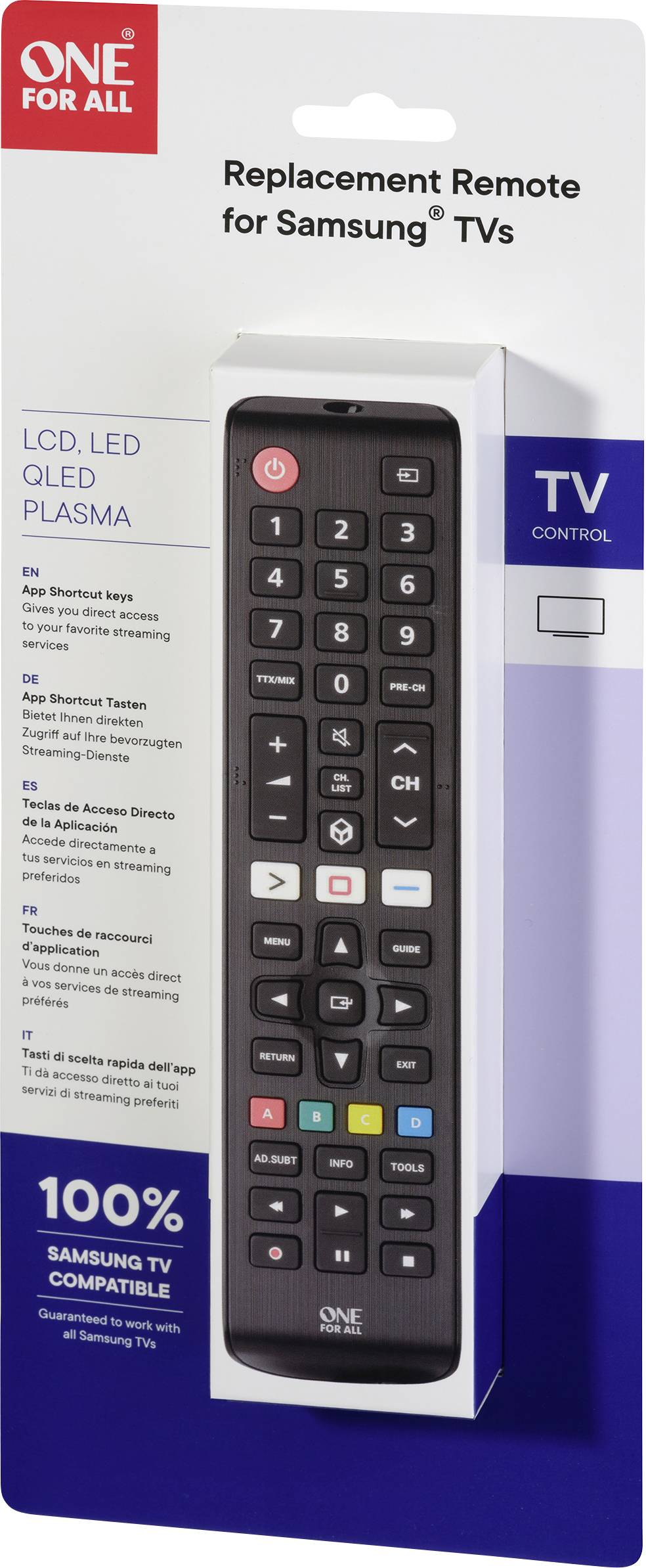 Replacement remote control for Samsung televisions. Packaging shows a black remote control with colourful buttons and text in multiple languages.