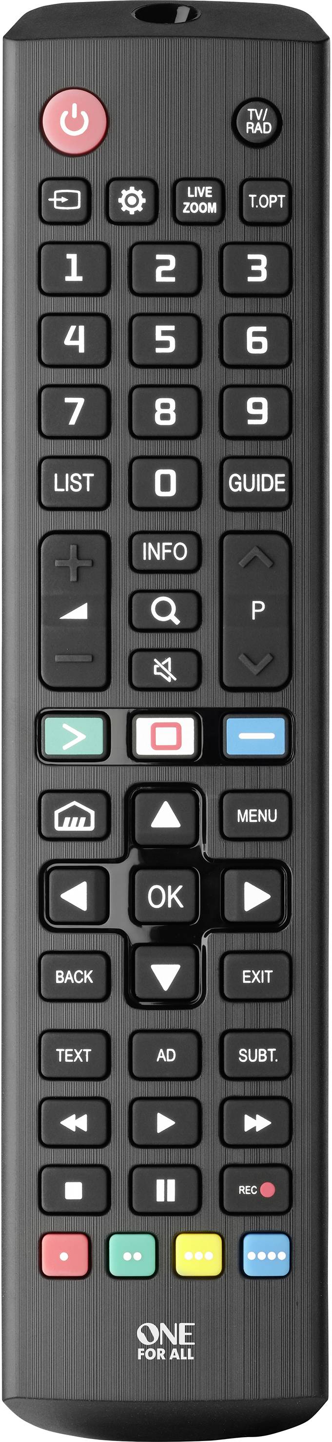 A black remote control with buttons for numbers, volume, channels, and control options. At the top is a red power on/off button.