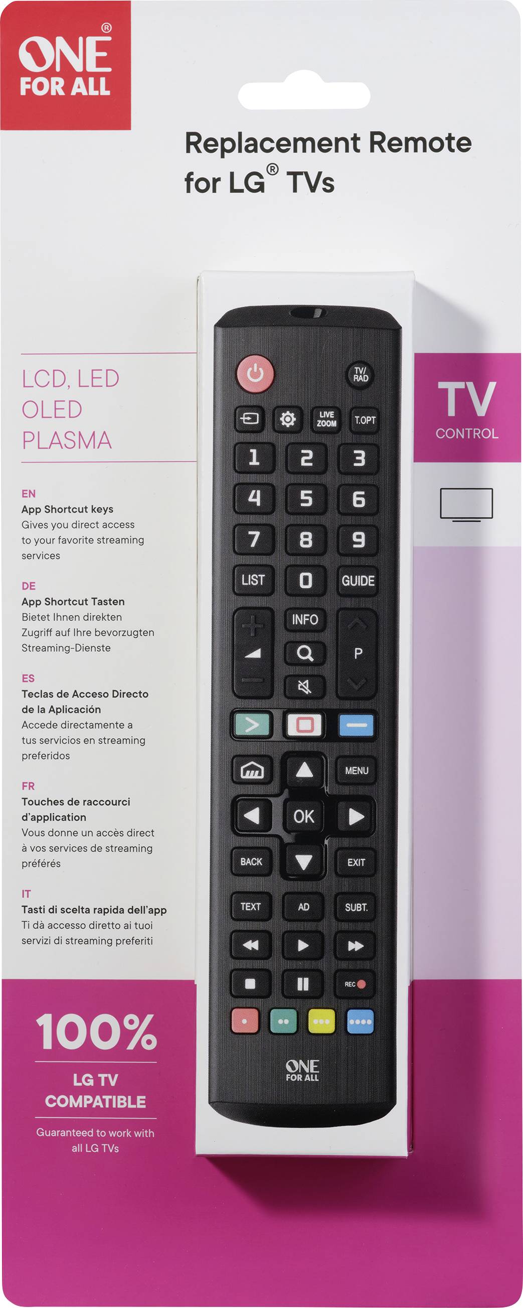 Replacement remote control for LG TVs with buttons for TV control, Smart TV functions, and accessories. Compatible with LCD, LED, OLED, plasma.