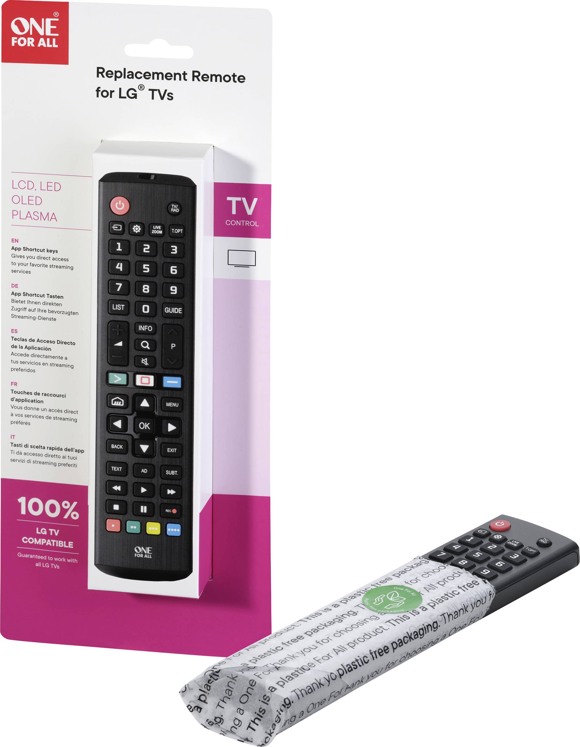 Remote control for LG television with packaging. Packaging highlights compatibility. Contains buttons for common functions.