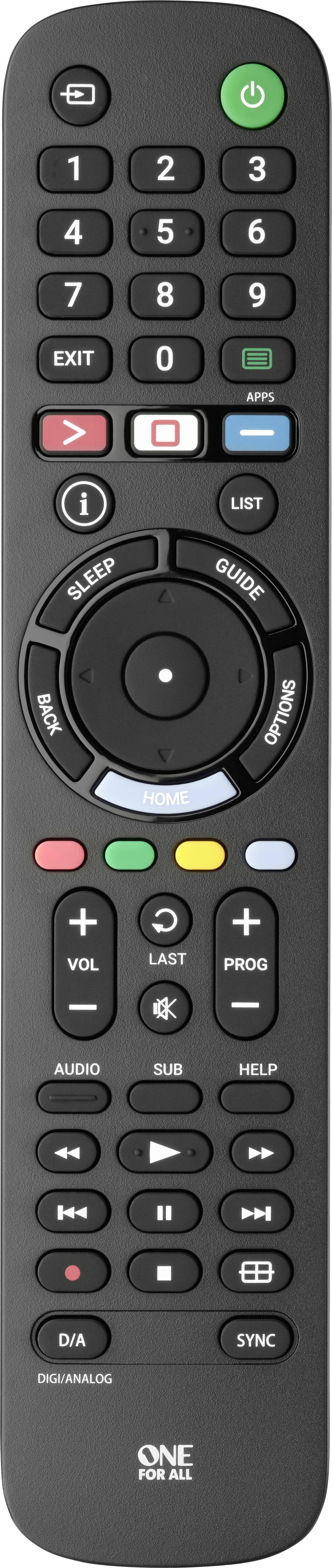 Black TV remote control with colourful buttons for volume, channels, recording, mute, and menu. Perfect for home use.