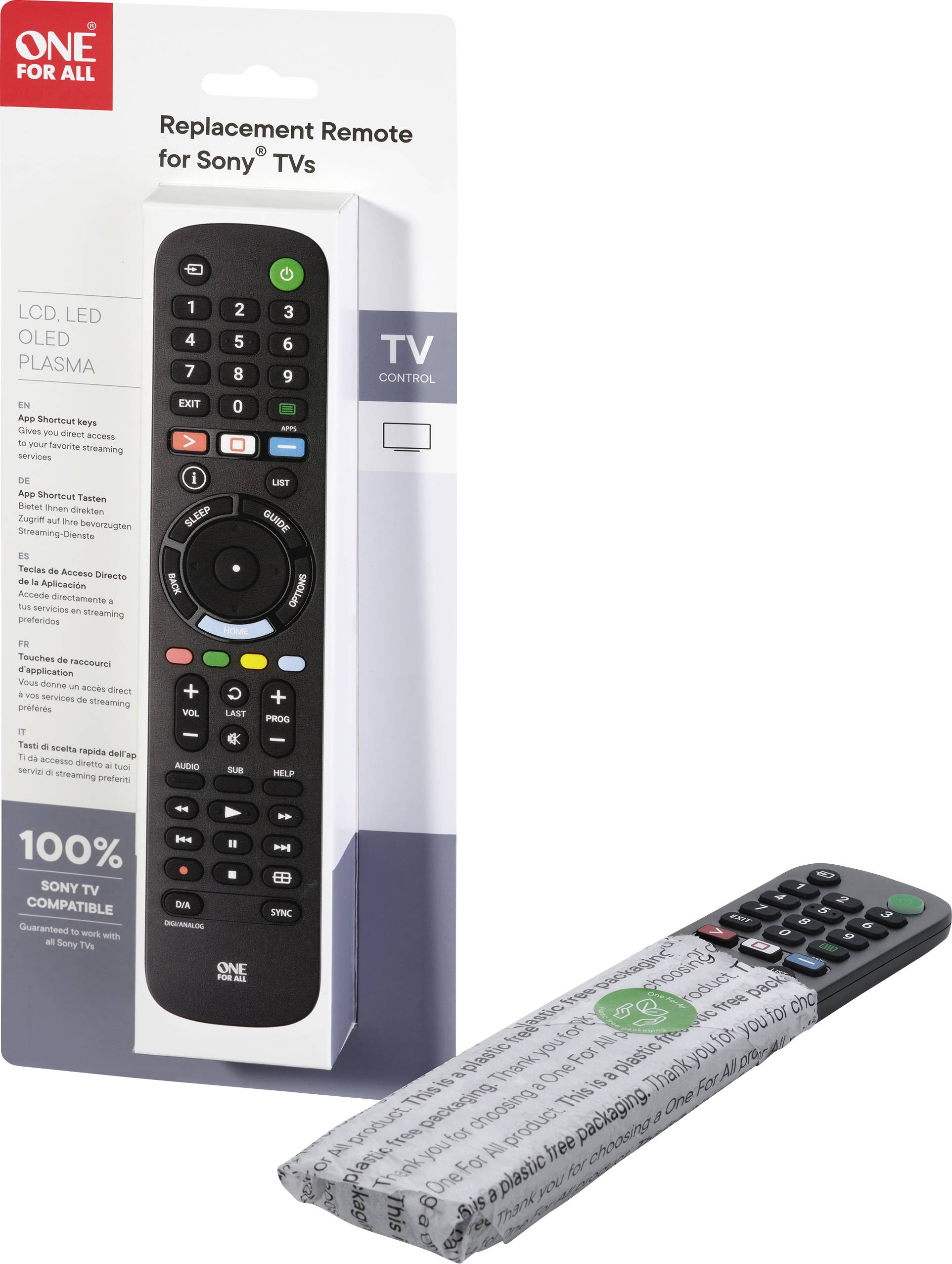 'Replacement Remote Control for Sony TVs' is written on the packaging. Shows a black remote control with colour buttons and a green start button.