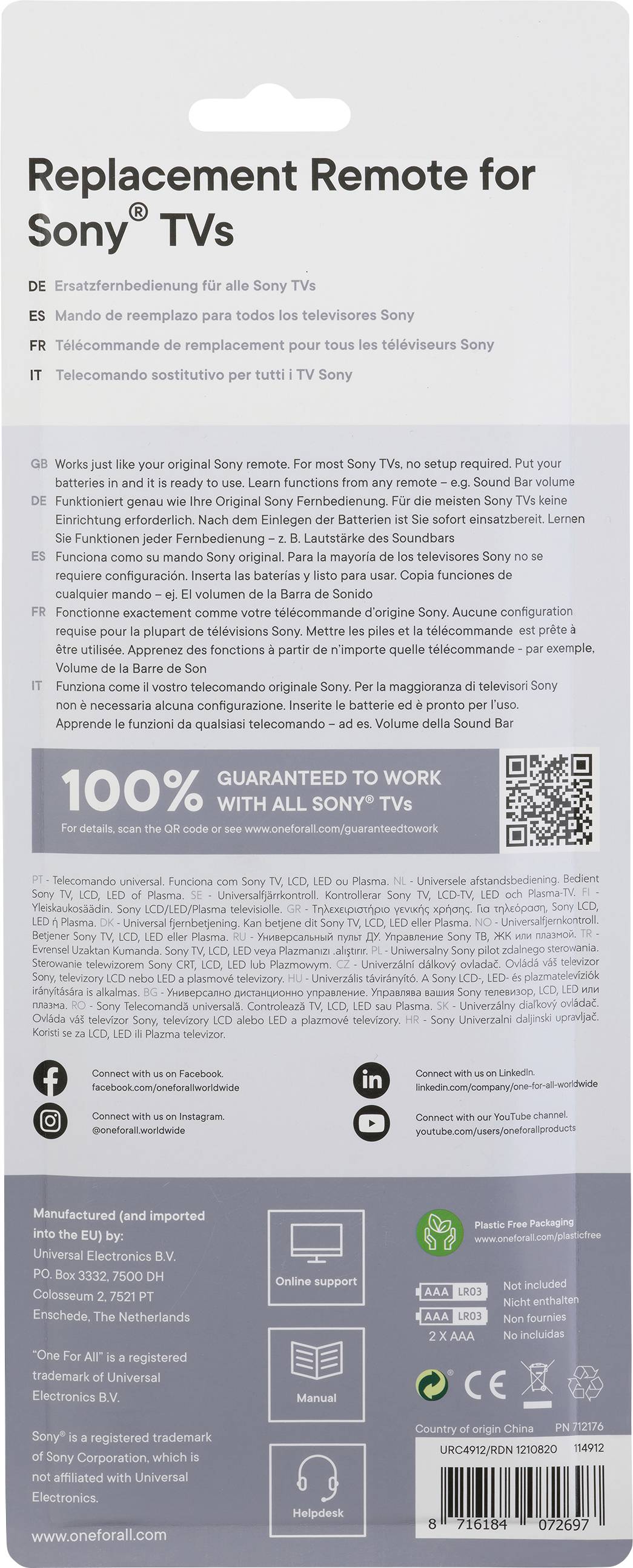 Remote Control for Sony TVs Replacement. 100% Functionality Guarantee with All Sony TVs. Includes Simple Operating Instructions.