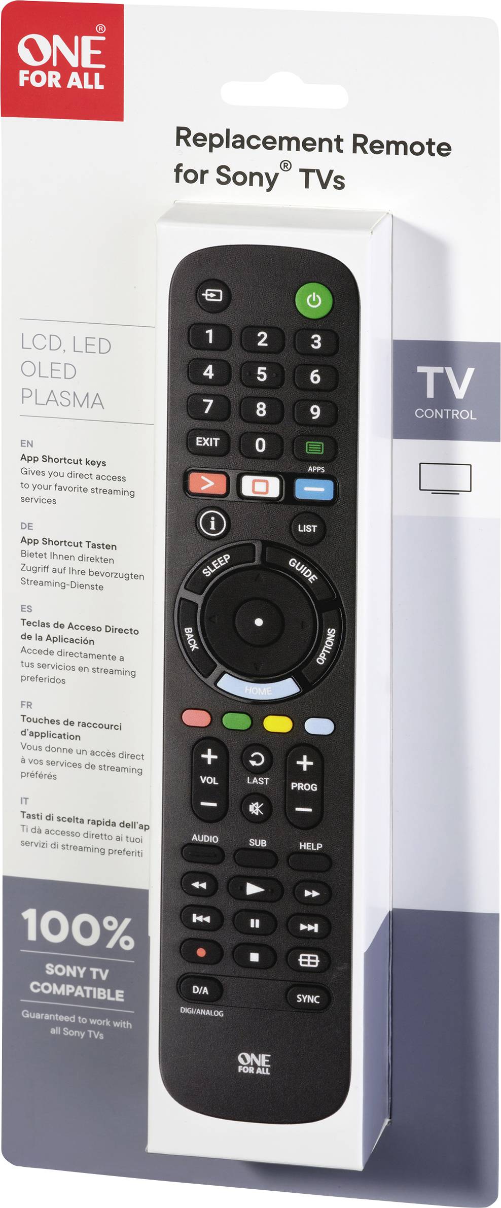 Replacement Remote Control for Sony TVs in Packaging, Compatible with LCD, LED, OLED, PLASMA. Marked as 100% Sony TV Compatible.