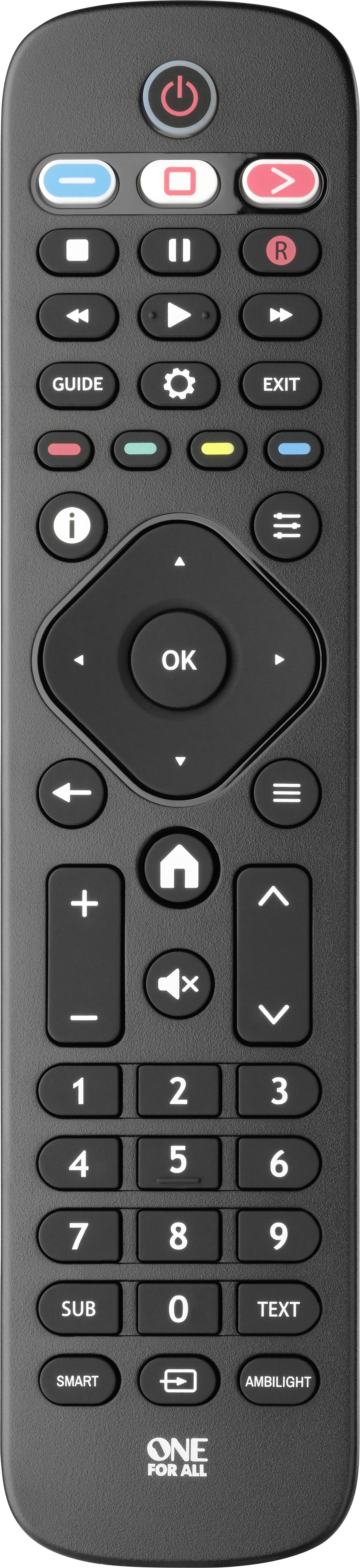 Black universal remote control with round and rectangular buttons, including Power, Volume, Channel Selection, Navigation, and Numerical Keypad.