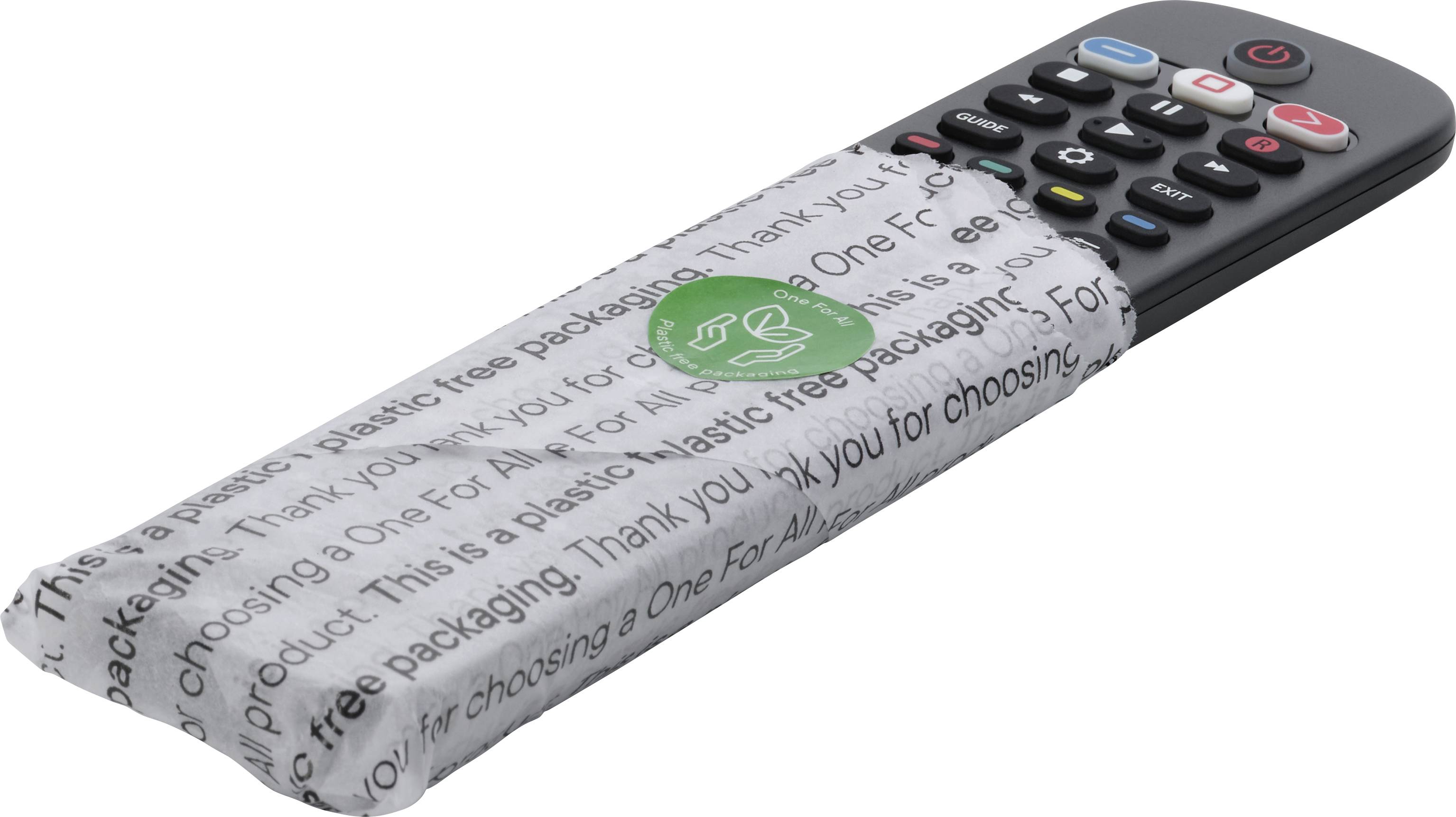 Remote control in packaging made of printed paper, indicating plastic-free packaging.