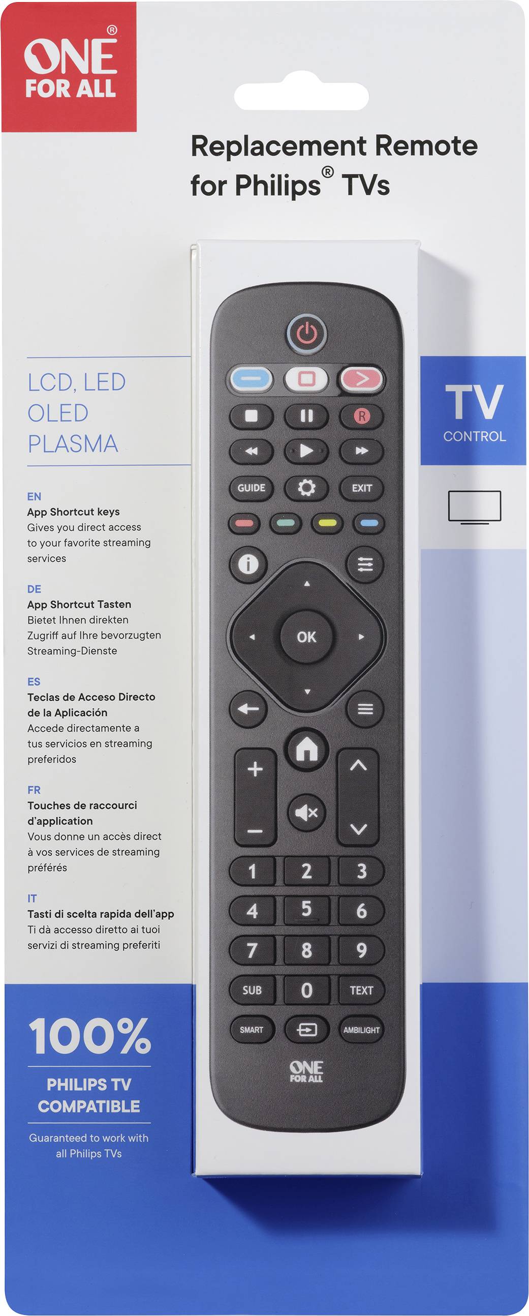 Replacement remote control for Philips TVs, packaged in a box. Shows button layout and function text: compatible with Philips TV.
