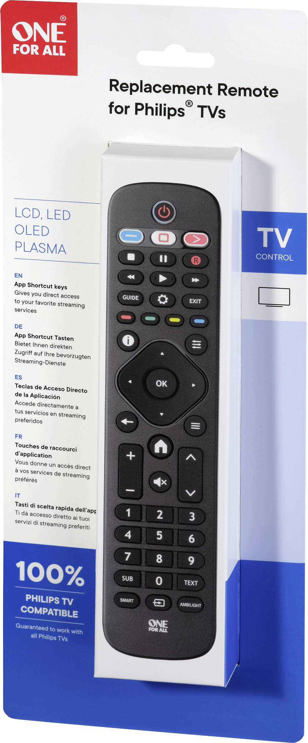 Remote control for Philips TVs, compatible with LCD, LED, OLED, Plasma. Packaging shows black remote control with coloured buttons.