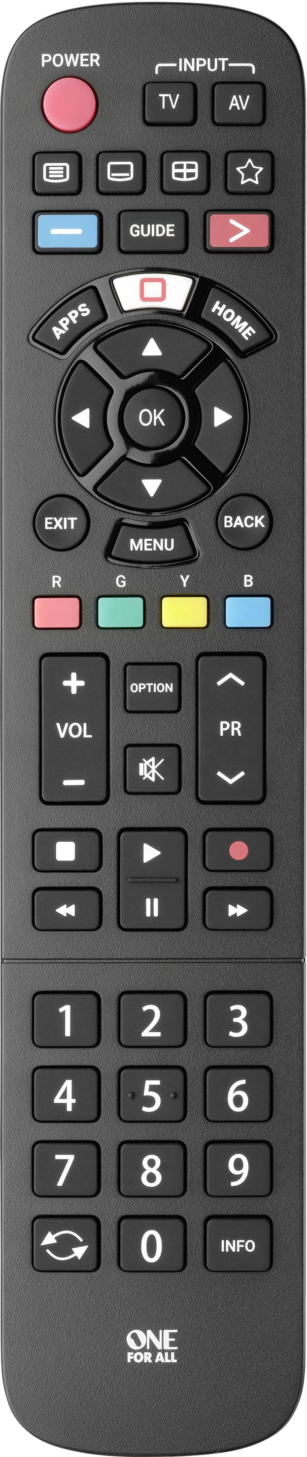 A black remote control with buttons for power, TV, volume, channel changing, and navigation.